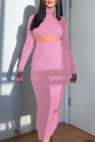 Pink Sexy Solid Basic Turtleneck Long Sleeve Two Pieces