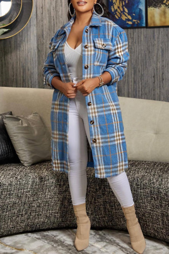 Blue Casual Plaid Patchwork Patchwork Turndown Collar Outerwear