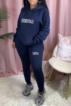 Tibétain Blue Street Print Letter Hooded Collar Long Sleeve Two Pieces