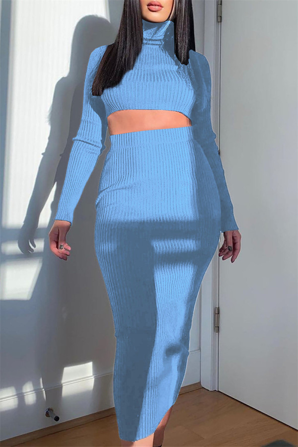 Sky Blue Sexy Solid Basic Turtleneck Long Sleeve Two Pieces