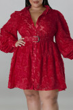 Brique rouge décontracté solide Patchwork boucle avec ceinture col rabattu robe chemise robes de grande taille