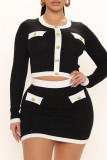White Casual Daily Solid Patchwork O Neck Long Sleeve Two Pieces
