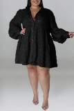 Boucle décontractée en patchwork solide noire avec robe chemise à col rabattu à ceinture Robes de grande taille