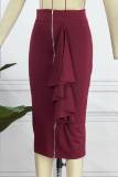 Falda casual de cintura alta flaca de patchwork sólido rojo