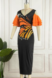 Orange Casual Print Flounce V Neck Pencil Skirt Dresses