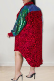 Rotes beiläufiges Druck-Leopard-Patchwork-Schnallen-asymmetrisches Turndown-Kragen-Hemd-Kleid Kleider in Übergröße