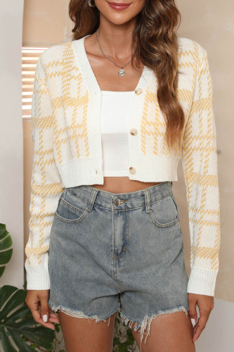 Yellow Casual Plaid Print Patchwork Buttons Cardigan Collar Outerwear