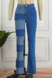 Jeans de mezclilla ajustados de cintura media de patchwork sólido casual azul