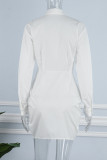 Weißes, sexy, lässiges, solides Patchwork-Hemdkleid mit Umlegekragen