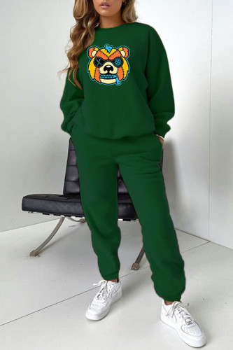 Green Casual Print Patchwork O Neck Long Sleeve Two Pieces