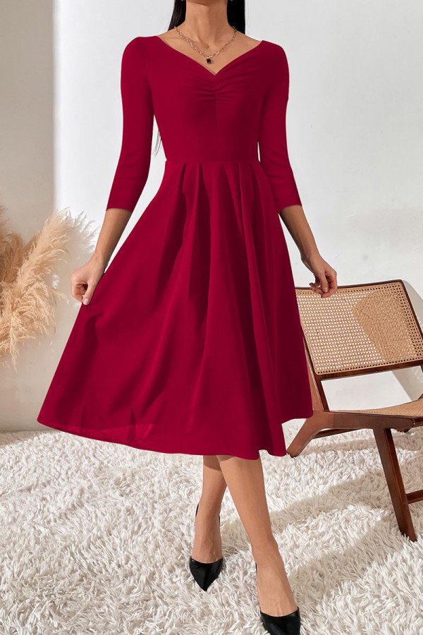 Rode casual effen patchwork V-hals A-lijn jurken
