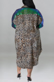 Braunes Casual Print Leopard Patchwork Schnalle Asymmetrisches Umlegekragen Hemdkleid Plus Size Kleider