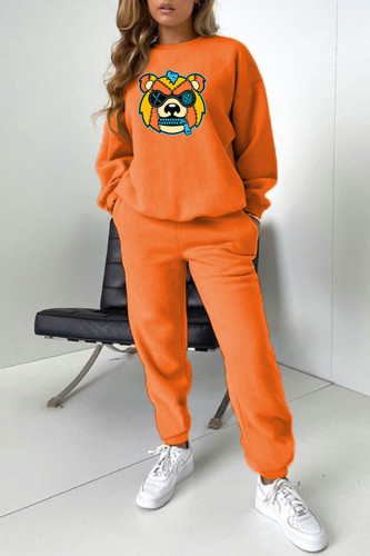 Orange Casual Print Patchwork O Neck Long Sleeve Two Pieces