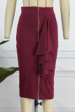 Falda casual de cintura alta flaca de patchwork sólido rojo