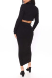 Black Sexy Solid Basic Turtleneck Long Sleeve Two Pieces