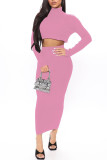 Pink Sexy Solid Basic Turtleneck Long Sleeve Two Pieces