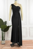 Zwarte sexy formele effen patchwork backless split een schouder avondjurk jurken