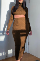 Coffee Sexy Solid Basic Turtleneck Long Sleeve Two Pieces