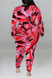 Rose Red Casual Print Patchwork Turndown-krage Plus Size Two Pieces