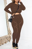 Brownness Casual Solid See-Through O Neck Langarm Zweiteiler
