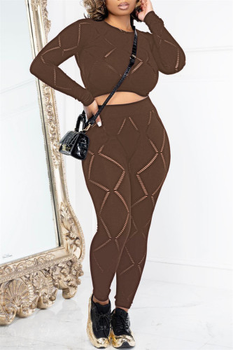 Brownness Casual Solid See-through O Neck Long Sleeve Two Pieces