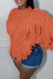 Tangerine Red Casual Solid Tassel O Neck Tops