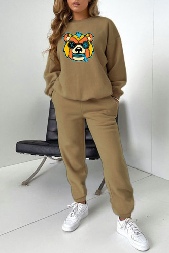 Khaki Casual Print Patchwork O Neck Long Sleeve Two Pieces