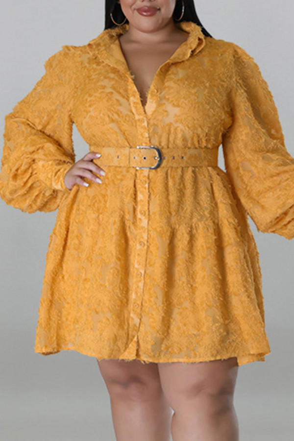 Amarelo casual sólido patchwork fivela com cinto turndown colarinho camisa vestido vestidos plus size