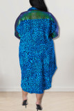 ブルー カジュアル プリント ヒョウ パッチワーク バックル 非対称 ターンダウン カラー シャツ ドレス プラス サイズ ドレス