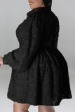 Fibbia patchwork solido nero casual con cintura Abito camicia con colletto rovesciato Abiti taglie forti