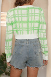 Green Casual Plaid Print Patchwork Buttons Cardigan Collar Outerwear