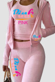 ピンク カジュアル プリント パッチワーク フード付き 襟 長袖 XNUMX ピース