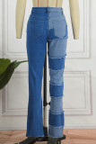 Calça jeans skinny azul casual patchwork sólido cintura média