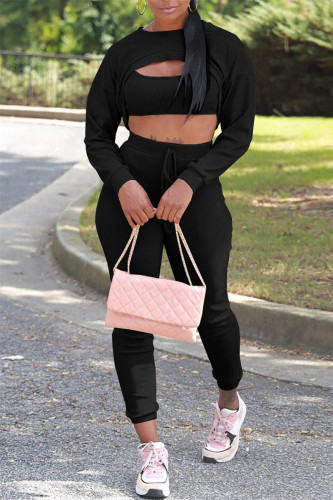 Black Casual Solid Hollowed Out Patchwork Draw String O Neck Long Sleeve Two Pieces