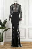 Zwarte sexy print patchwork doorschijnende split coltrui lange mouwen jurken