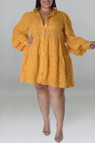 Yellow Casual Solid Patchwork Buckle With Belt Turndown Collar Shirt Dress Plus Size Dresses
