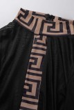 黒のセクシーなプリント パッチワーク シースルー スリット タートルネック長袖ドレス