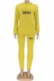 Yellow Street Print Letter Hooded Collar Long Sleeve Two Pieces