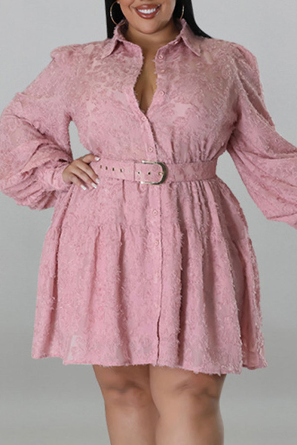 ピンク カジュアル ソリッド パッチワーク バックル ベルト ターンダウン カラー シャツ ドレス プラス サイズ ドレス