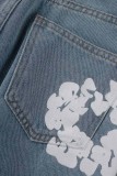 Blå Casual Print Patchwork Vanliga jeans med hög midja