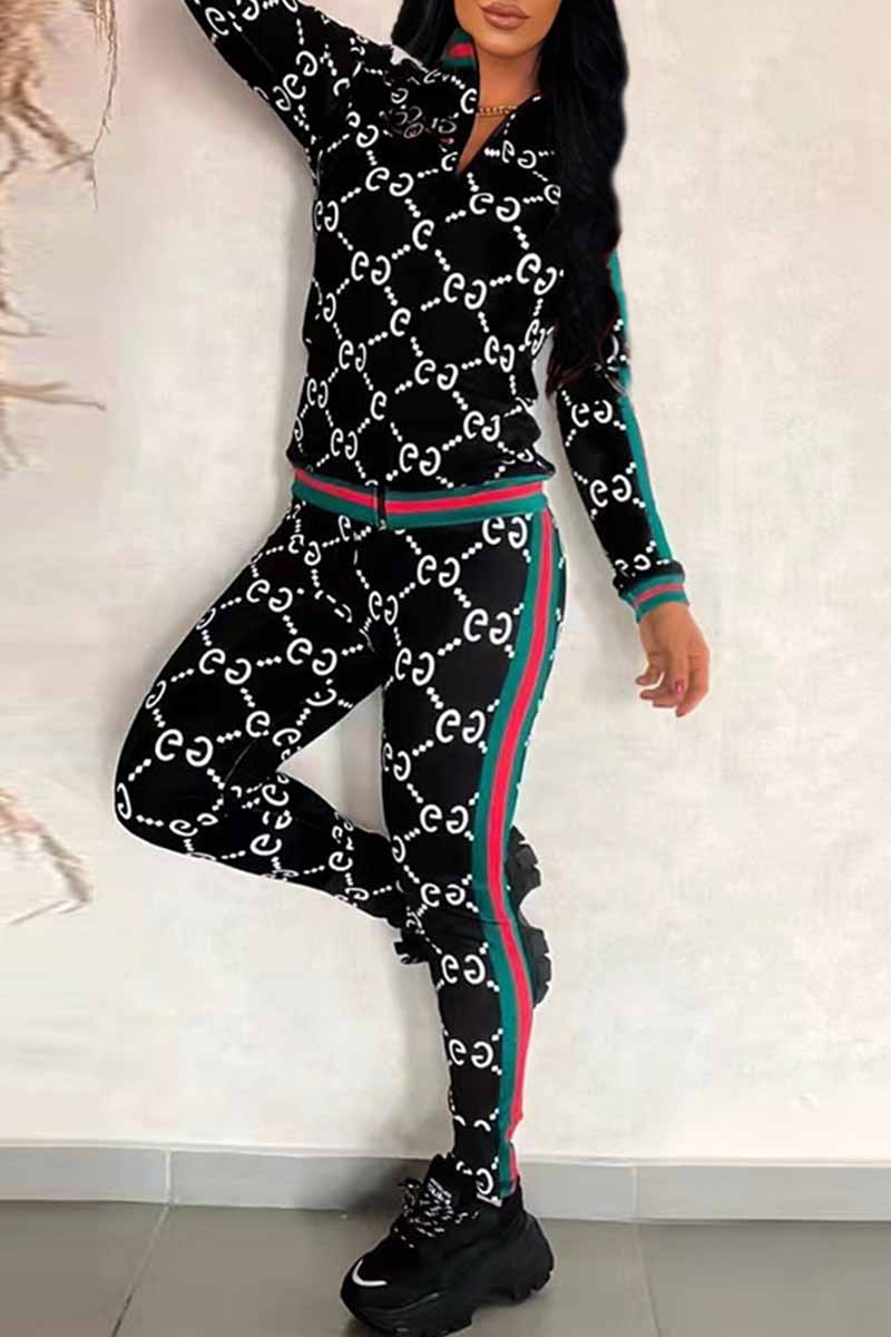 

Black Casual Print Patchwork Letter Zipper Collar Long Sleeve Two Pieces