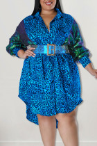 Blaues, lässiges Print-Leopard-Patchwork-Schnallen-asymmetrisches Turndown-Kragen-Hemdkleid Kleider in Übergröße