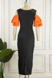 Оранжевые повседневные платья с оборками и V-образным вырезом с принтом и юбкой-карандаш