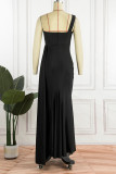 Zwarte sexy formele effen patchwork backless split een schouder avondjurk jurken