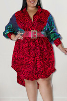Rotes beiläufiges Druck-Leopard-Patchwork-Schnallen-asymmetrisches Turndown-Kragen-Hemd-Kleid Kleider in Übergröße