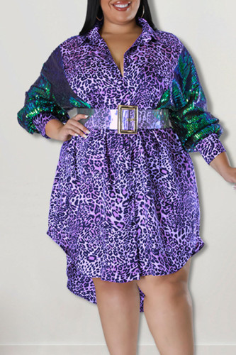 Purple Casual Print Leopard Patchwork Buckle Asymmetrical Turndown Collar Shirt Dress Plus Size Dresses
