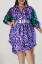 Фиолетовое повседневное платье-рубашка с леопардовым принтом в стиле пэчворк Асимметричное платье-рубашка с отложным воротником Платья больших размеров