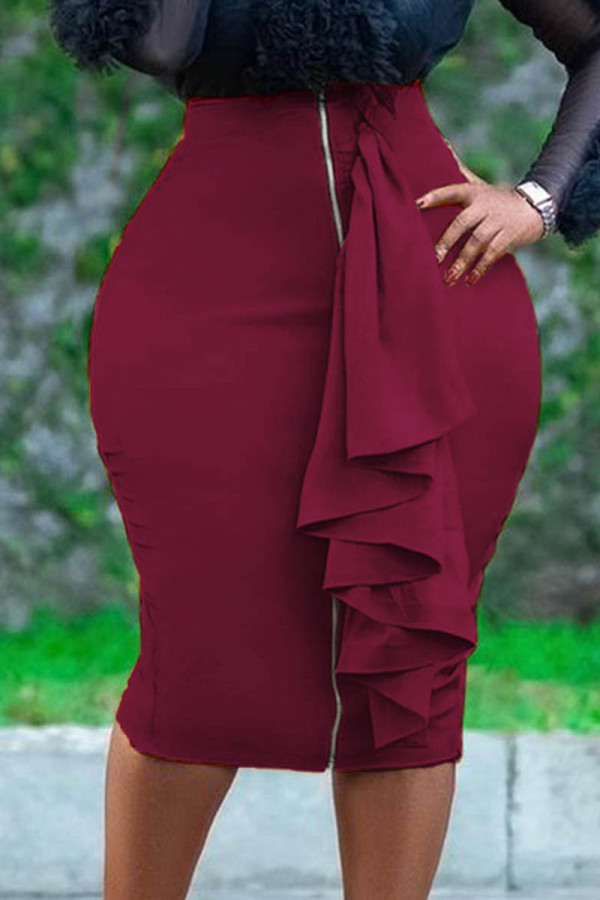 Rode casual effen patchwork skinny rok met hoge taille