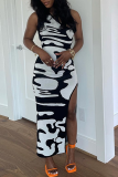 Black Sexy Print High Opening One Shoulder Pencil Skirt Dresses