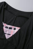 Dieprode casual geruite print patchwork vierkante kraag A-lijn jurken